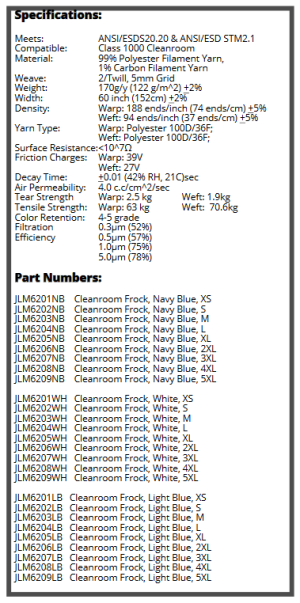 ESD Cleanroom Frock- White, Light Blue, & Navy Blue with Knit Cuffs (JLM6200 Series) - Image 6