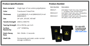 ESD Trash Can Liners: Black-Conductive or Pink Dissipative, 3 sizes - Image 2